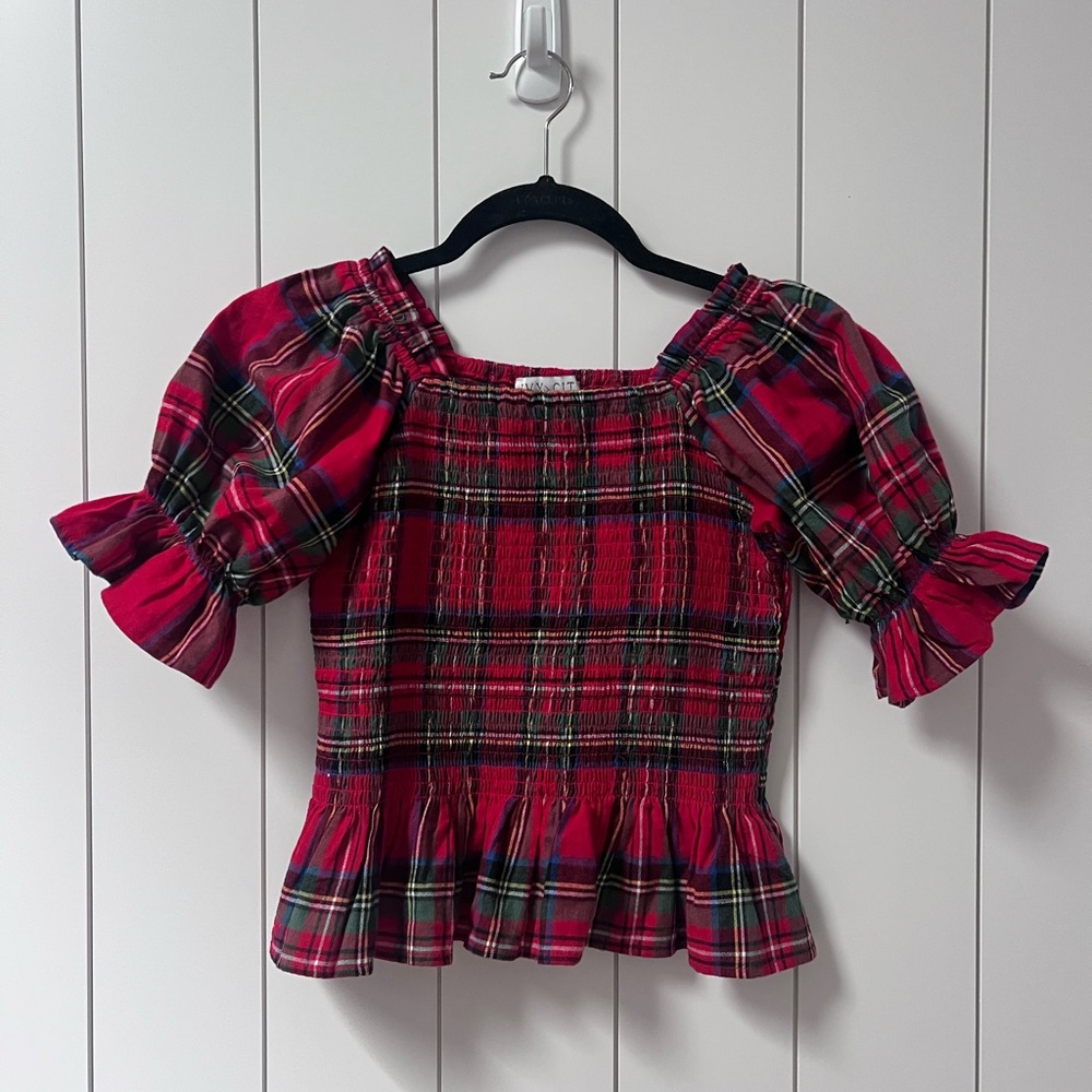 Ivy City Co Red Plaid Smocked‎ Peplum Top